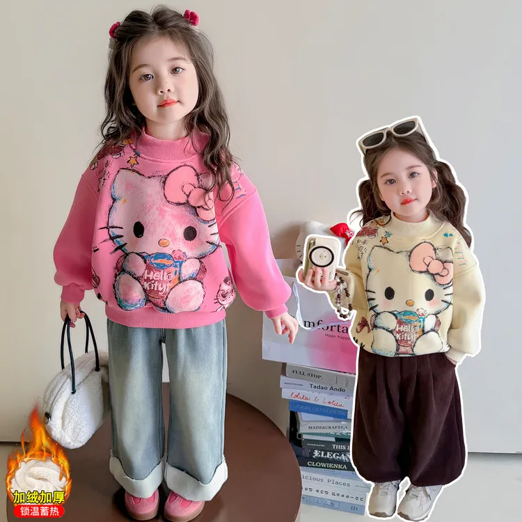 女童加绒卡通卫衣洋气儿童秋冬装新款女宝宝一体绒上衣小女孩绒衫