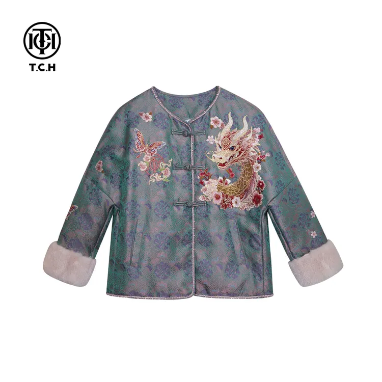 TCH服饰店播-新中式盘扣提花烫钻气质毛毛棉服外套女T72D186030