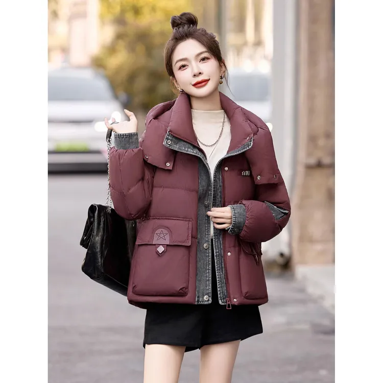 DUCURNO安哥拉红牛仔拼接羽绒服女2025冬季新款设计感加厚保暖外