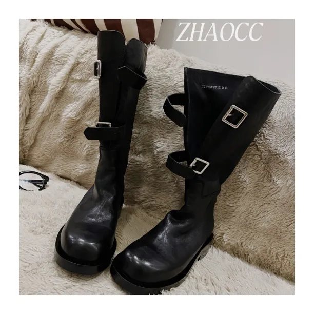 【赵CC】双扣可调节水洗马皮中筒靴黑武士骑士靴手工马靴 ZF-2