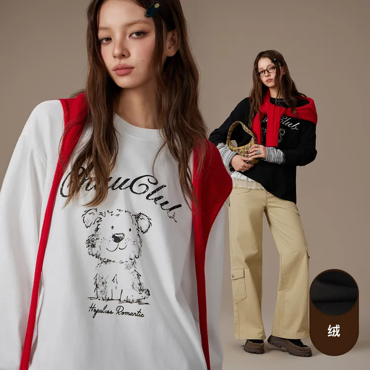 CHUU卡通字母T恤女士2025年冬季新品学院风宽松印花圆领长袖上衣