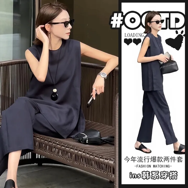 盐系轻熟两件套装2025夏季欧美气质宽松减龄上衣高腰遮胯休闲裤潮