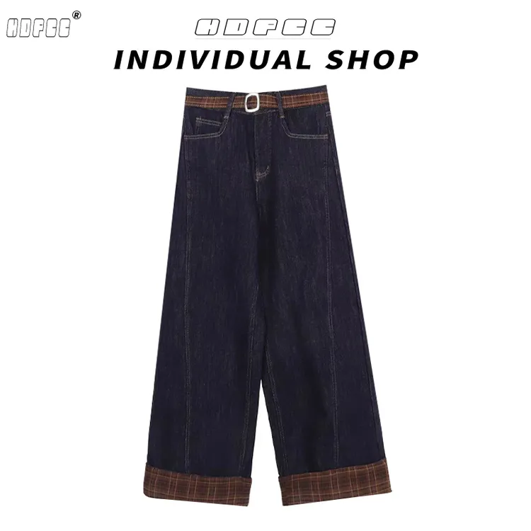 深蓝色格子拼接牛仔裤女2025春季新款美式复古格纹宽松阔腿长裤潮