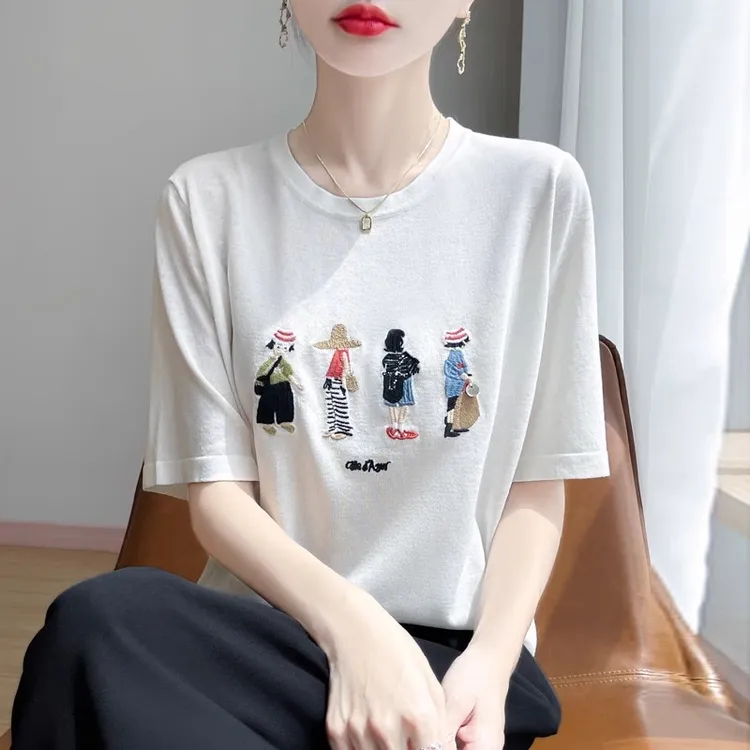 【运费险】夏季竹节麻薄款圆领刺绣卡通小孩短袖休闲套头针织上衣