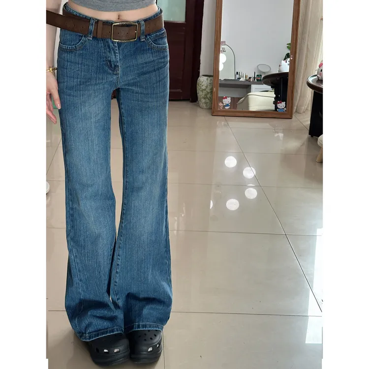 高个子加长深蓝低腰微喇牛仔裤女春秋季新款不贴腿辣妹直筒喇叭裤
