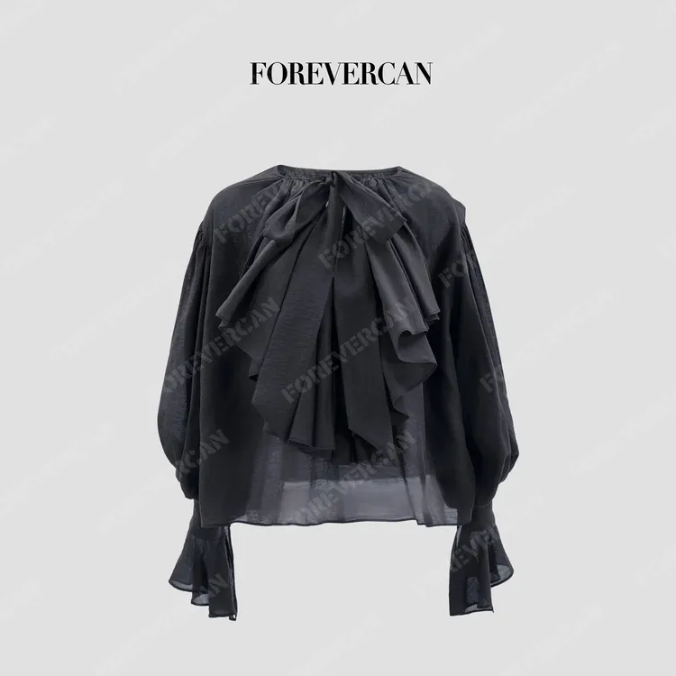 FOREVERCAN“墨色暗涌”大荷叶边V领灯笼袖长袖衬衫上衣ST23675
