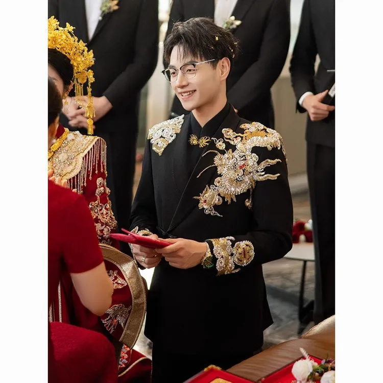 西装新款新郎结婚礼服新中式盘扣龙纹刺绣男士套装订婚大码