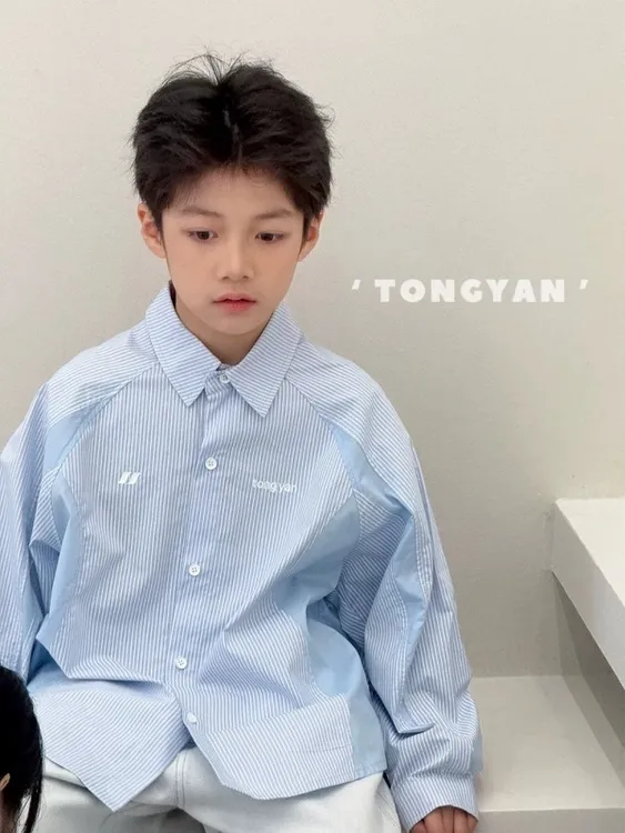 男童衬衫长袖2025春装新款自制条纹上衣中大童翻领衬衣儿童外套韩