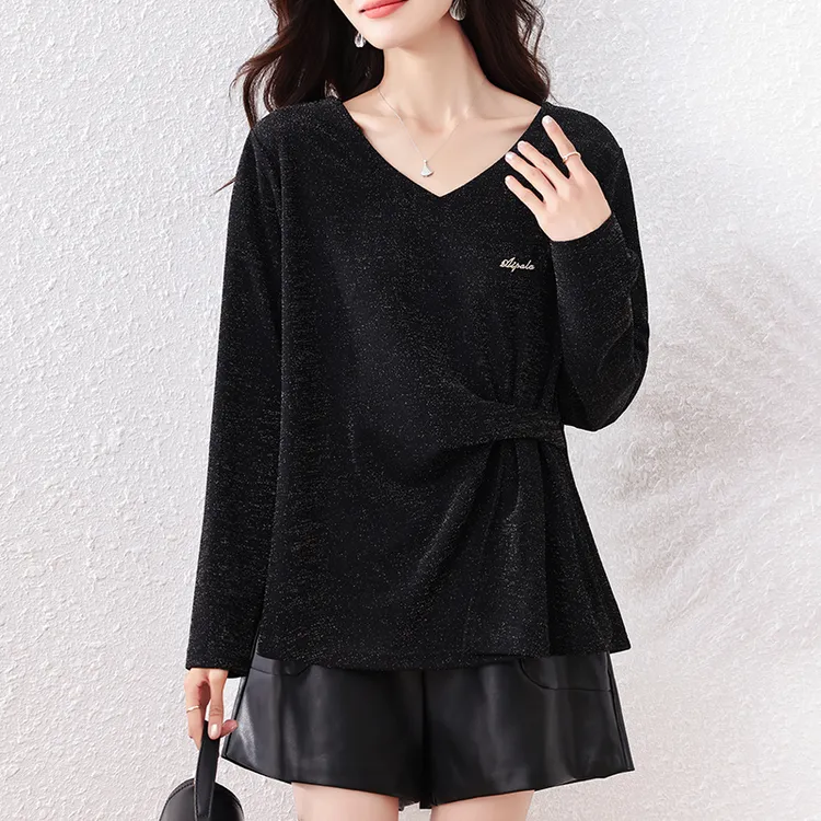 春秋V领打底衫女时尚大码女装胖MM宽松遮肉显瘦休闲百搭长袖上衣