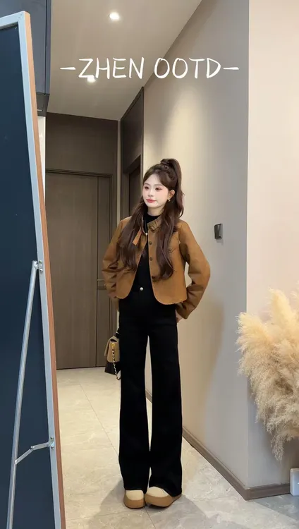 美拉德2025早秋新款潮牌美式复古气质皮面外套女简约高腰短款2320