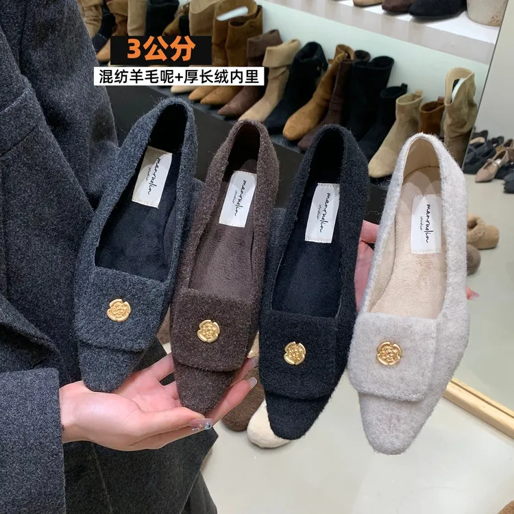 复古灰色粗跟加绒棉瓢鞋女2025秋冬新款法式气质通勤鞋小香风单鞋