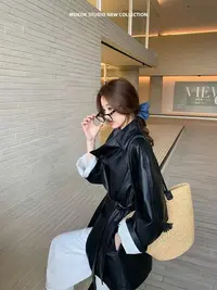 韩版长袖时尚2025秋季西装领口袋常规翻领系带皮衣8003