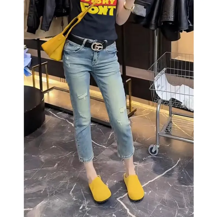 梨型身材穿搭2025年夏季新款八分破洞烟管牛仔裤女大码显瘦直筒裤