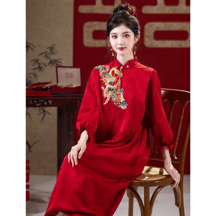 中式旗袍2025新款长袖红色连衣裙订婚敬酒服小个子孕妇绝美晨袍女