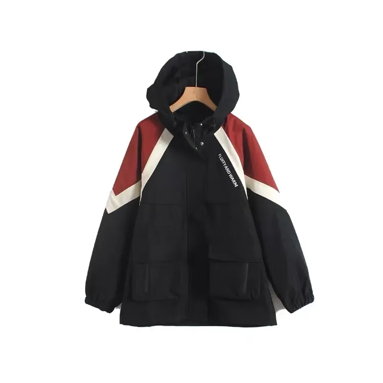 韩系撞色工装冲锋衣二棉连帽秋冬款外套女加厚派克服
