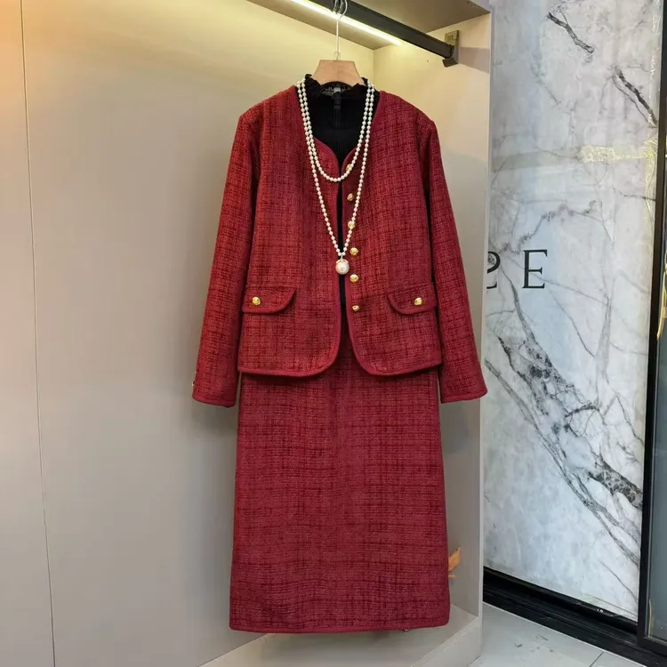 2025秋冬高级轻奢优雅欧货精致小香风微胖气质外套+半裙套装1660