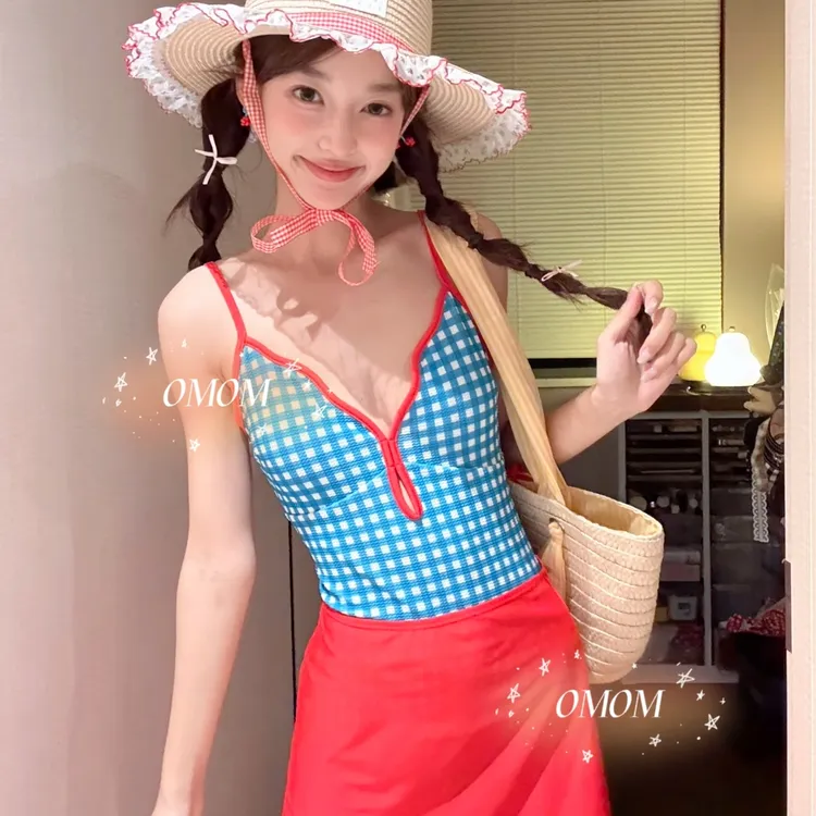 新款小清新格子连体泳衣三角修身显瘦温泉度假游泳比基尼泳装072
