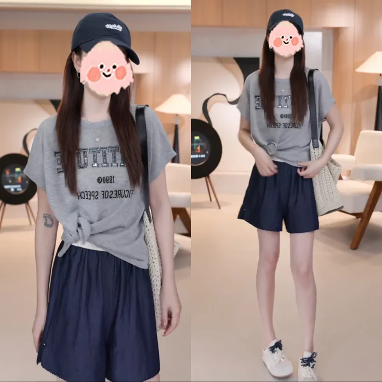 开叉亮片字母短袖针织衫搭开叉编织腰头撞色拼接休闲短裤时尚套装