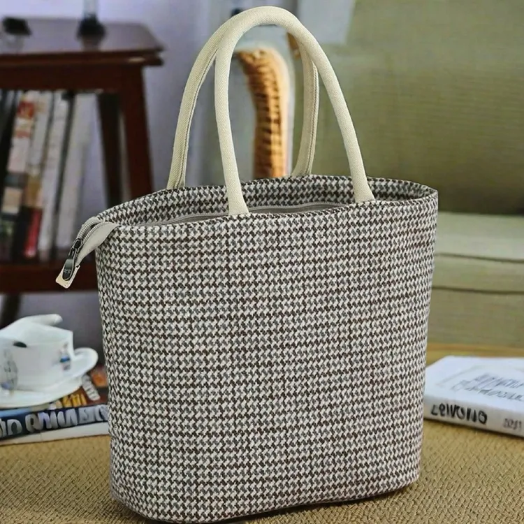 原创小众千鸟格手提包女上班族2024新款外出拎包手提袋帆布包便携