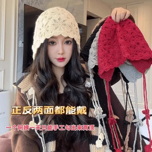 日系小众文艺复古双层蕾丝花朵堆堆帽子女秋冬款流苏针织毛线帽潮