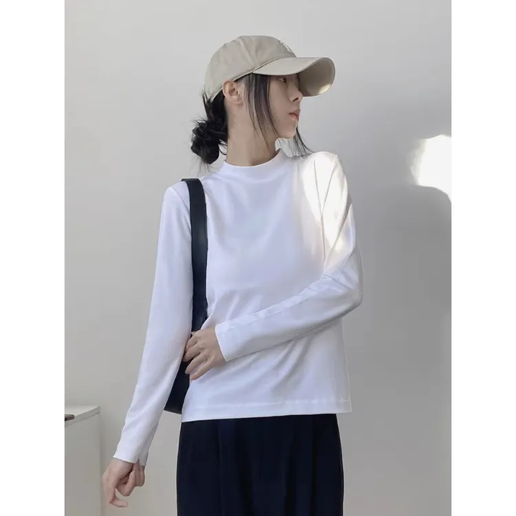 半高领纯棉加厚内搭打底衫女宽松显瘦正肩小立领长袖T恤外穿上衣