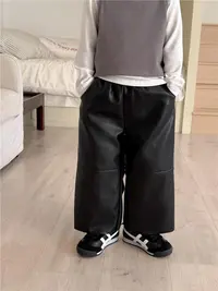 女童裤子秋冬装新款儿童保暖加厚直筒裤阔腿长裤女孩宝宝加绒皮裤