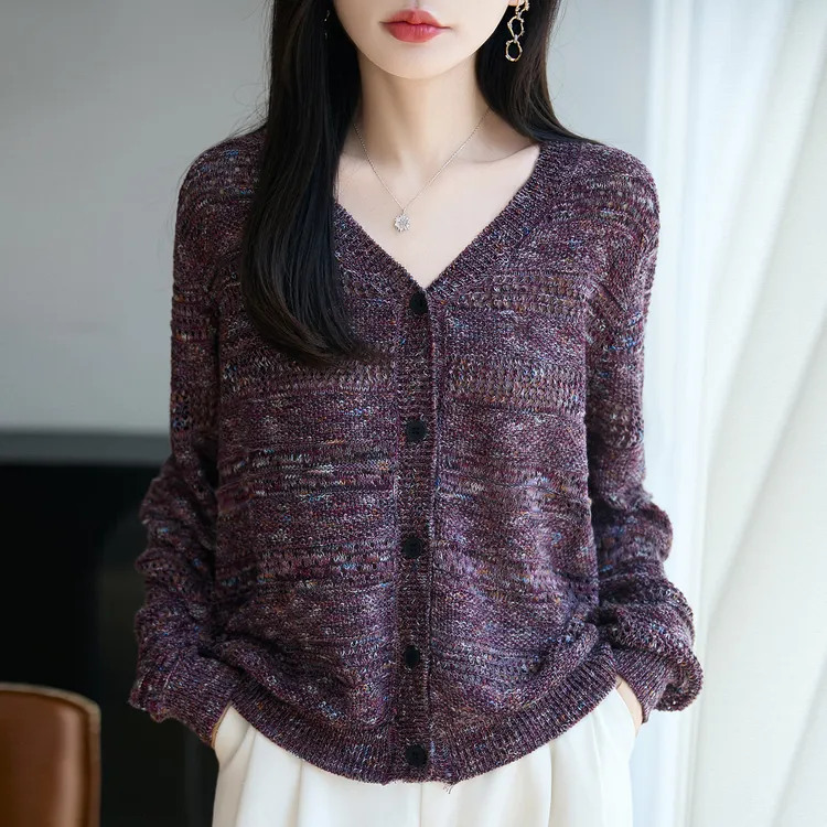 段染天丝棉V领镂空针织开衫女秋季新款彩色混纺上衣纽扣显瘦外套
