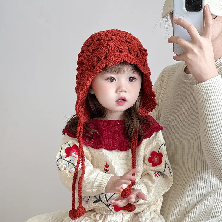 儿童帽子冬天毛线帽韩版洋气手工编织帽宝宝加厚保暖护耳帽防风帽