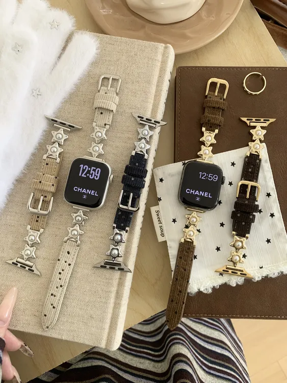 适用苹果手表11珍珠滴油星星灯芯绒表带小米10红米6vivogt2表带