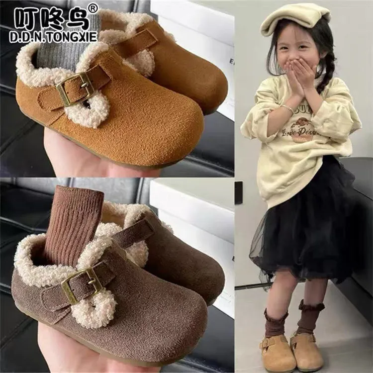 儿童真皮加绒勃肯鞋2025年秋冬潮款女童透气休闲鞋男童简约豆豆鞋
