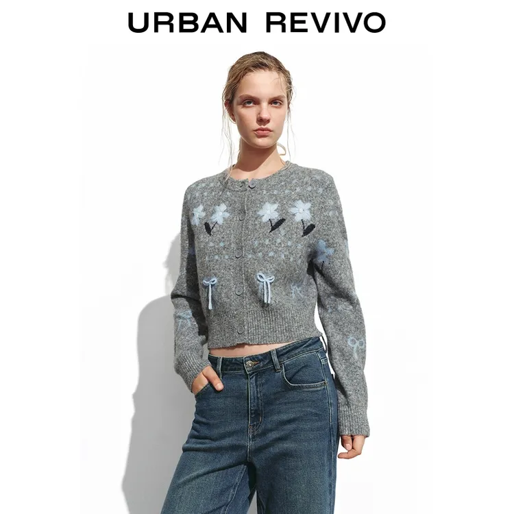 UR2026春季新款女装休闲花朵蝴蝶结饰针织开衫UYY950130