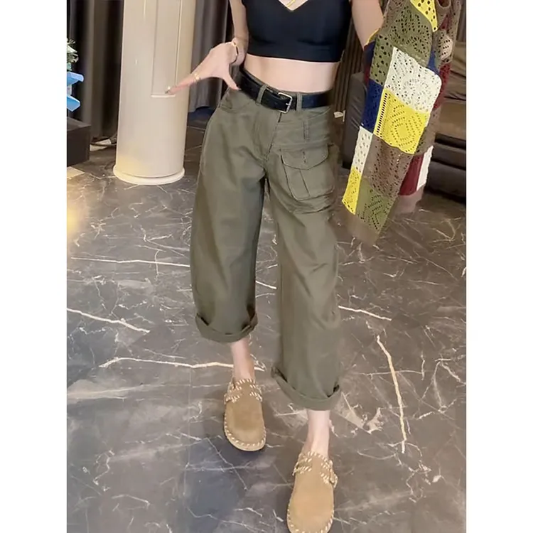 2025秋季新爆款小个子高腰直筒工装裤时尚韩系窄版宽松阔腿牛仔裤