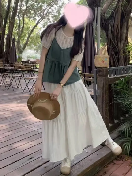 【鱼白专属】温柔风套装夏季复古牛仔吊带上衣胖MM遮肚显瘦半身裙