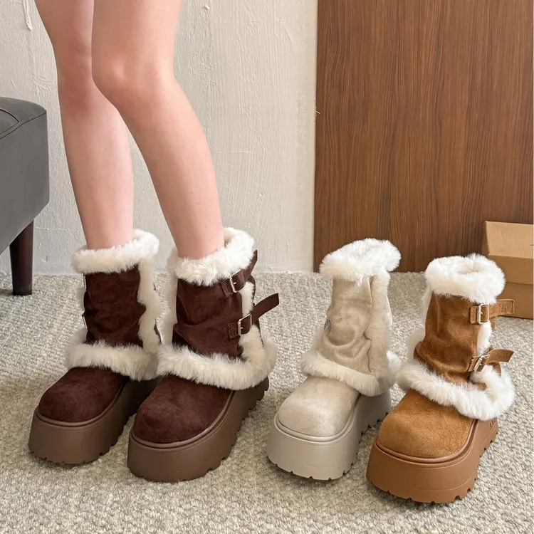 贾不假雪地靴女款2025新款秋冬季百搭加绒棉鞋皮毛一体厚底棉靴子