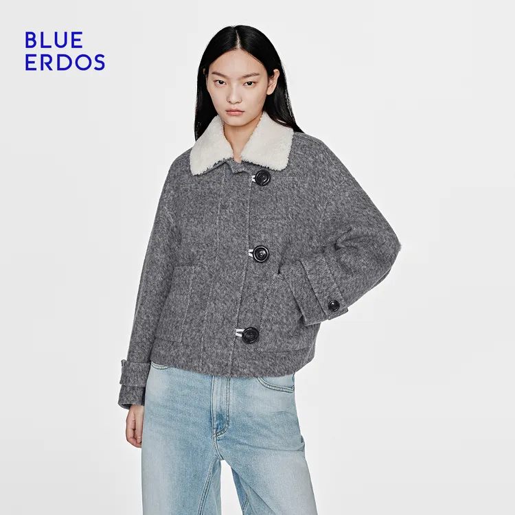 BLUE ERDOS 25秋冬新品流光风翻领可拆卸毛领女大衣外套B256J0702