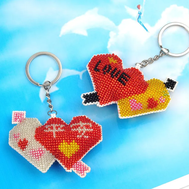 love心系平安小型印花满珠绣爱心钥匙圈挂件挂饰十字绣手工钥匙扣