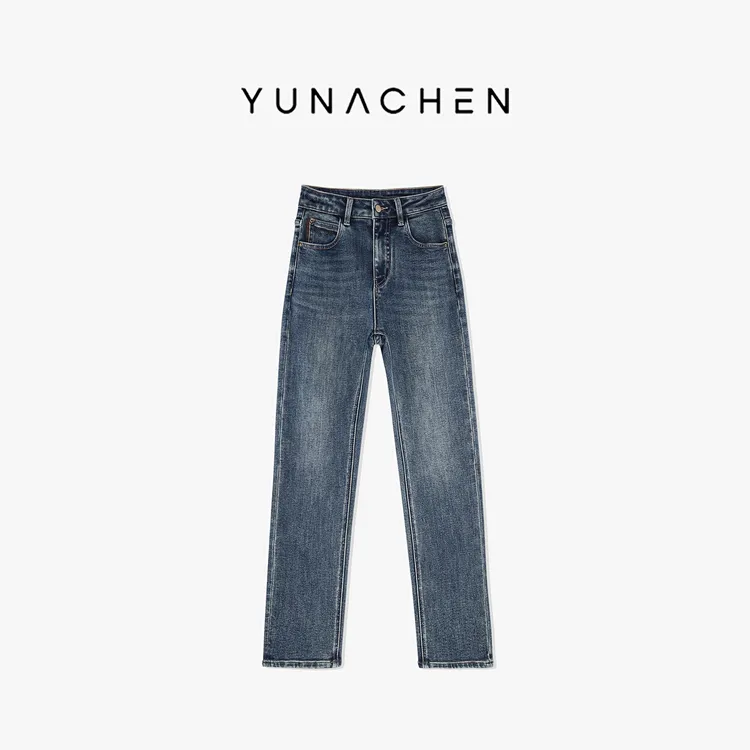 菠萝宝宝yuna【蓝调轨迹】复古高棉弹力磨边口袋加绒小脚牛仔裤YI27