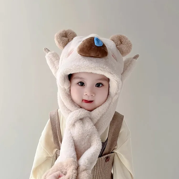 儿童帽子围巾一体会动耳朵卡通两件套男女宝宝冬季保暖加厚毛绒帽