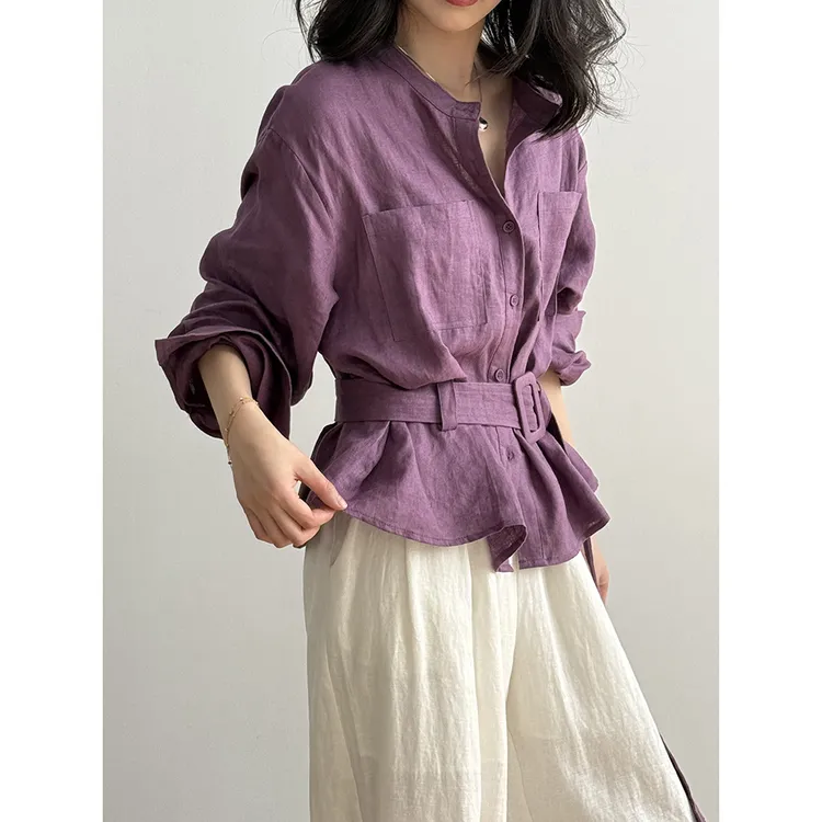 设计感长袖亚麻衬衫女装夏季2025新款高级感系腰带单排扣上衣爆款