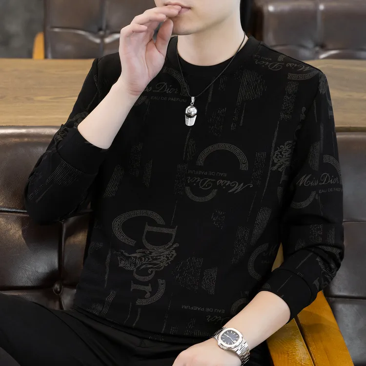 稻草人2025秋冬新款男士休闲时尚印花圆领卫衣百搭潮流长袖打底衫
