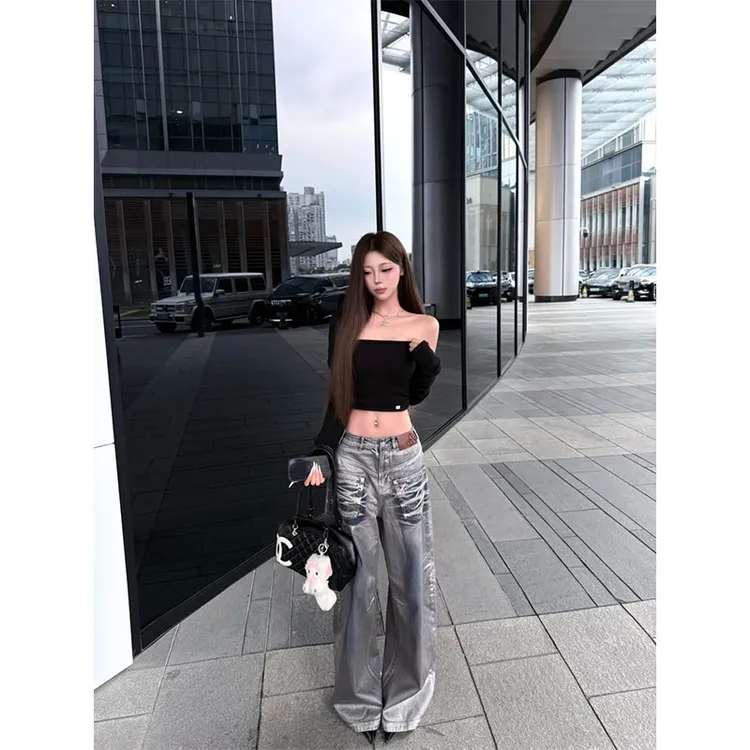 美式辣妹风修身显瘦网红穿搭抹胸上衣休闲简约阔腿牛仔长裤套装女