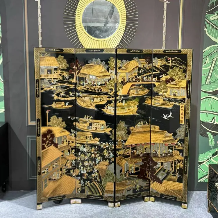 做旧4扇现代中式新中式折屏屏风古风玄关简约酒店美式轻奢复古