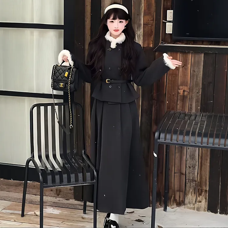 秋冬搭配一整套韩系穿搭富家千金小香风毛领外套气质半身裙套装女