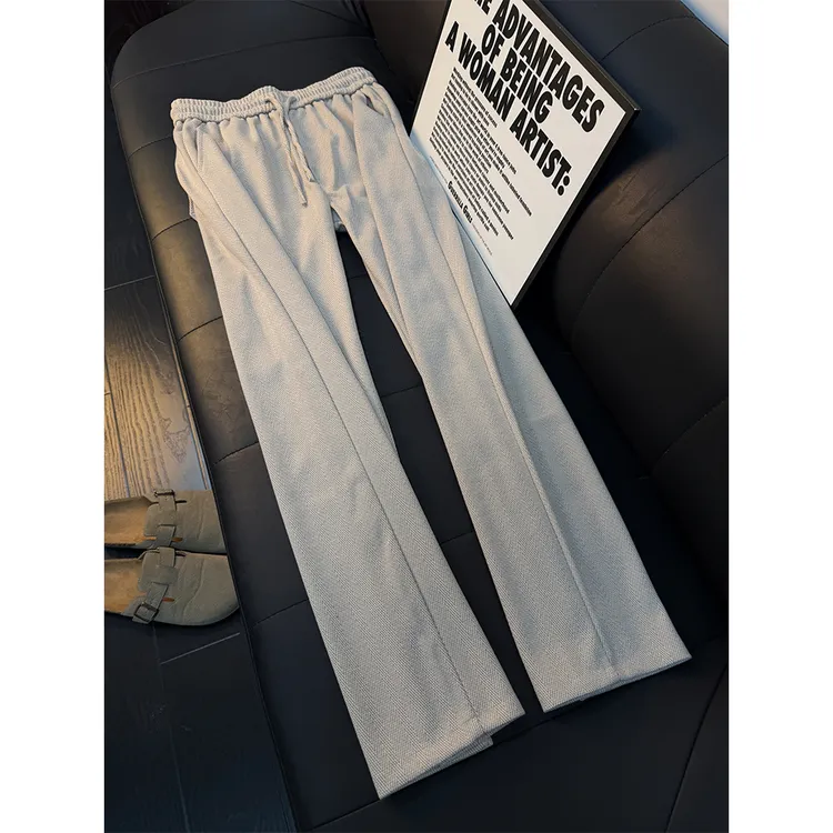 杏色人字纹美式复古裤子男款秋冬季加绒加厚vintage阔腿卫裤潮牌