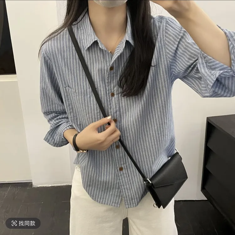 【婷婷家】小个子秋季复古日系条纹衬衫#1275