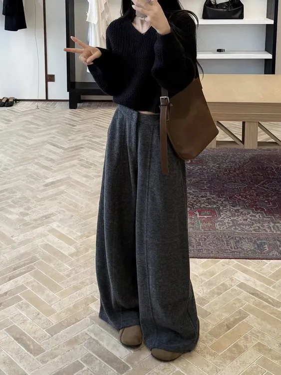 2025超火灰色加绒毛呢阔腿裤子女大码秋冬新款宽松垂感直筒休闲裤