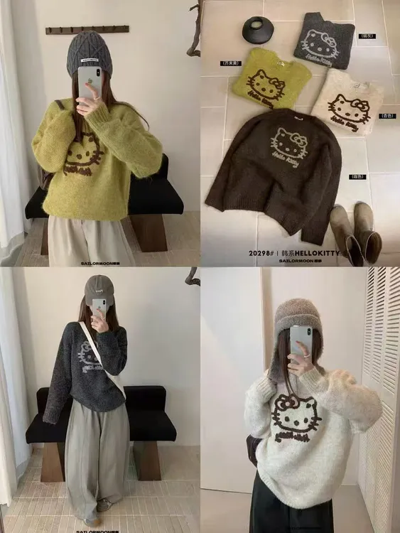 韩系植绒绣花圆领彩纱宽松毛衣女2025秋冬季新款提花显瘦针织衫