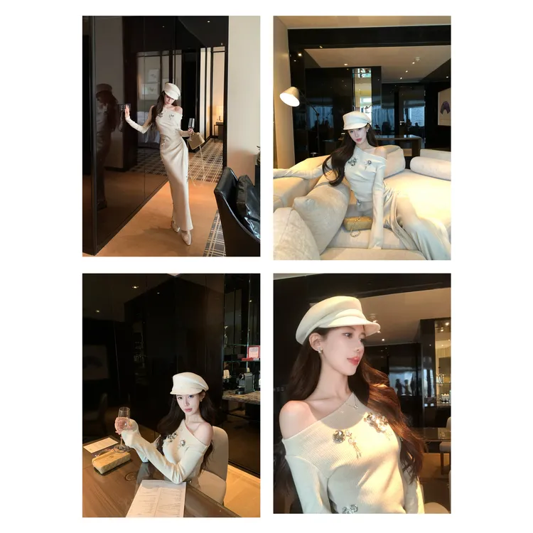 【禾呈】名媛钉珠斜肩时尚上衣百搭针织钉珠半身裙套装10821/10820