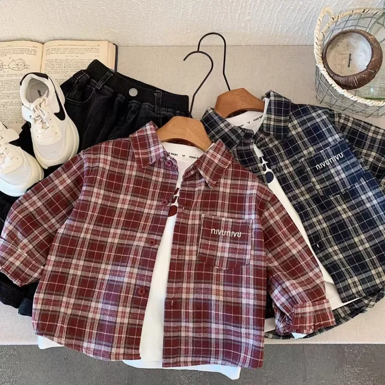 男童秋装外套长袖衬衫2025春季装韩版儿童洋气衬衣宝宝格子上衣潮