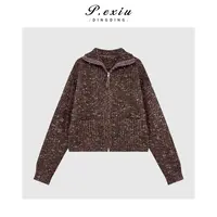 100%羊毛复古花纱加厚立领长袖拉链针织开衫Q95841